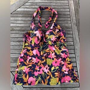 Lands' End Navy Floral Halter Swimdress with Pink & Lime Accents